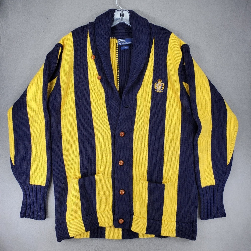 VTG Polo Ralph Lauren Shawl Collar Cardigan L Navy Yellow Striped Wool Crest